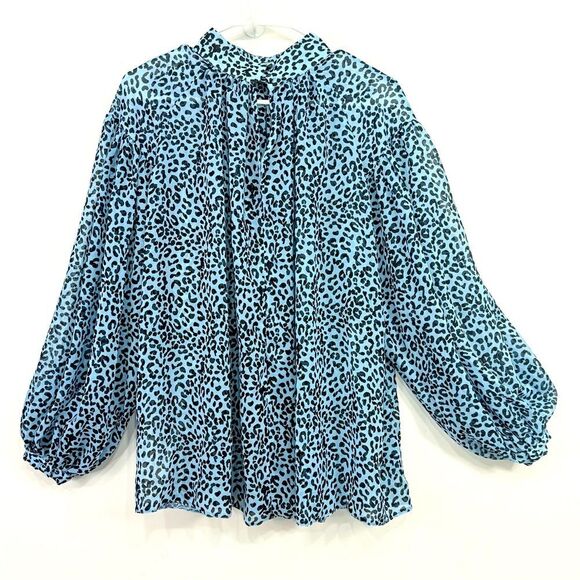 ASOS Blue Black Cheetah Print Semi Sheer Oversized Puff Sleeve Flowy Poet Blouse - Picture 7 of 16